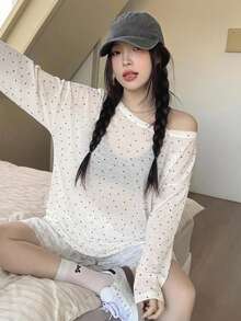 DAZY 女款波點印花落肩長袖寬鬆罩衫上衣 - 白色 - 查看 6