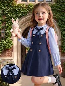 Elladie kids Girls' Spring/Autumn Collar 2 In 1 Top With Blue Striped Front Neckline, 3D Woven Ribbon Bow, Navy Blue Back To School Clothes  Preppy School Dress - Blue - View 5
