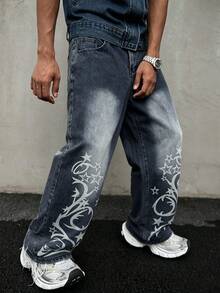 Manfinity EMRG Jeans de pierna ancha con estampado de estrellas, bolsillo con cremallera y botón - Azul - Ver 5