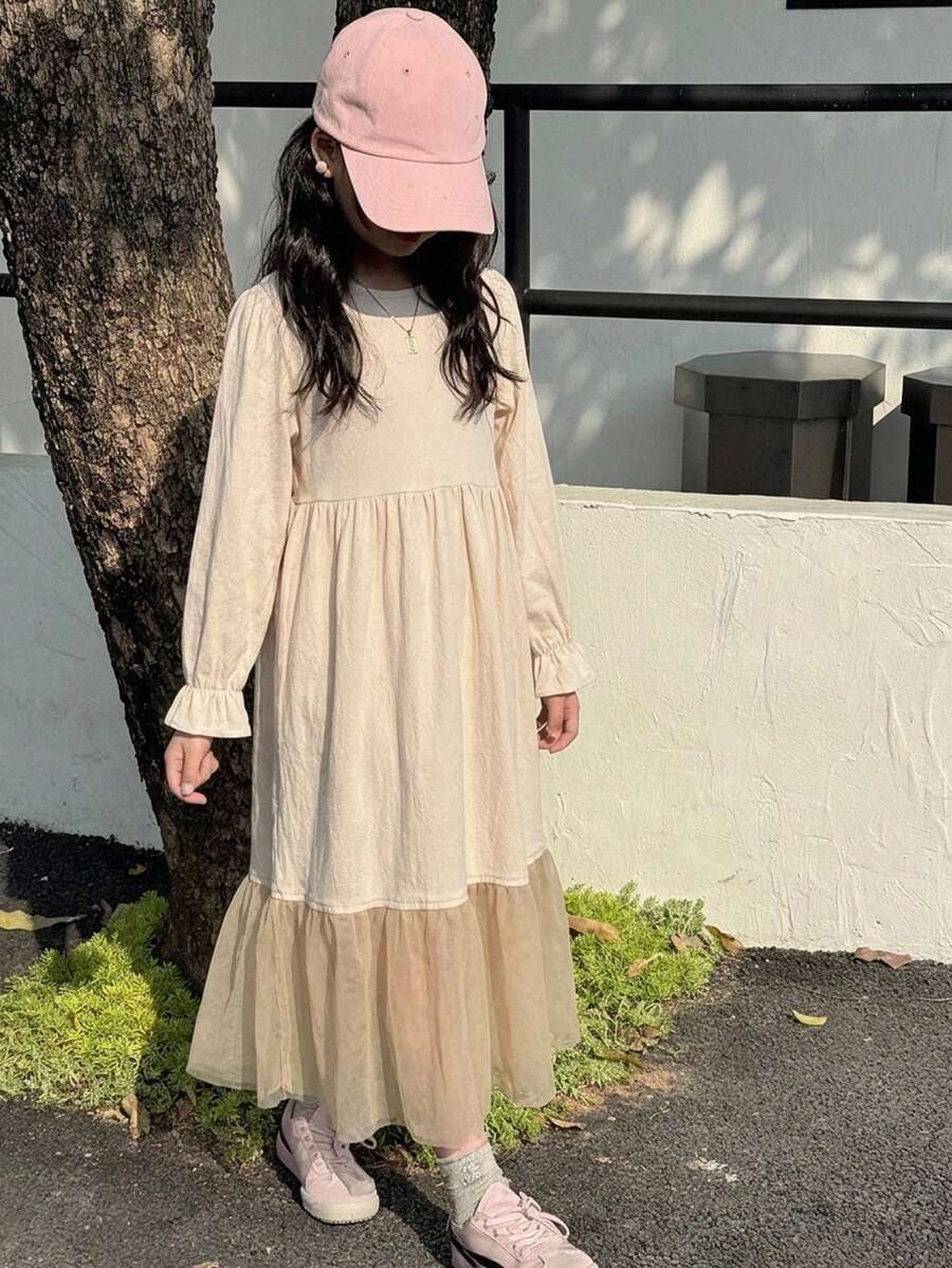 Hapijoa 大童女孩秋季圓領針織短袖撞色網紗洋裝，適合夏季 - 杏色 - 查看 1