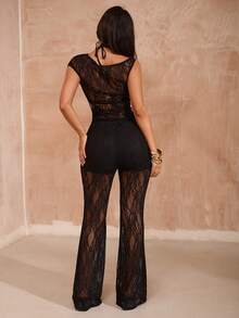 Opulessa Women's 2pcs Solid Color Knitted Lace Fitted Top & Long Pants Set For Vacation - Black - View 2