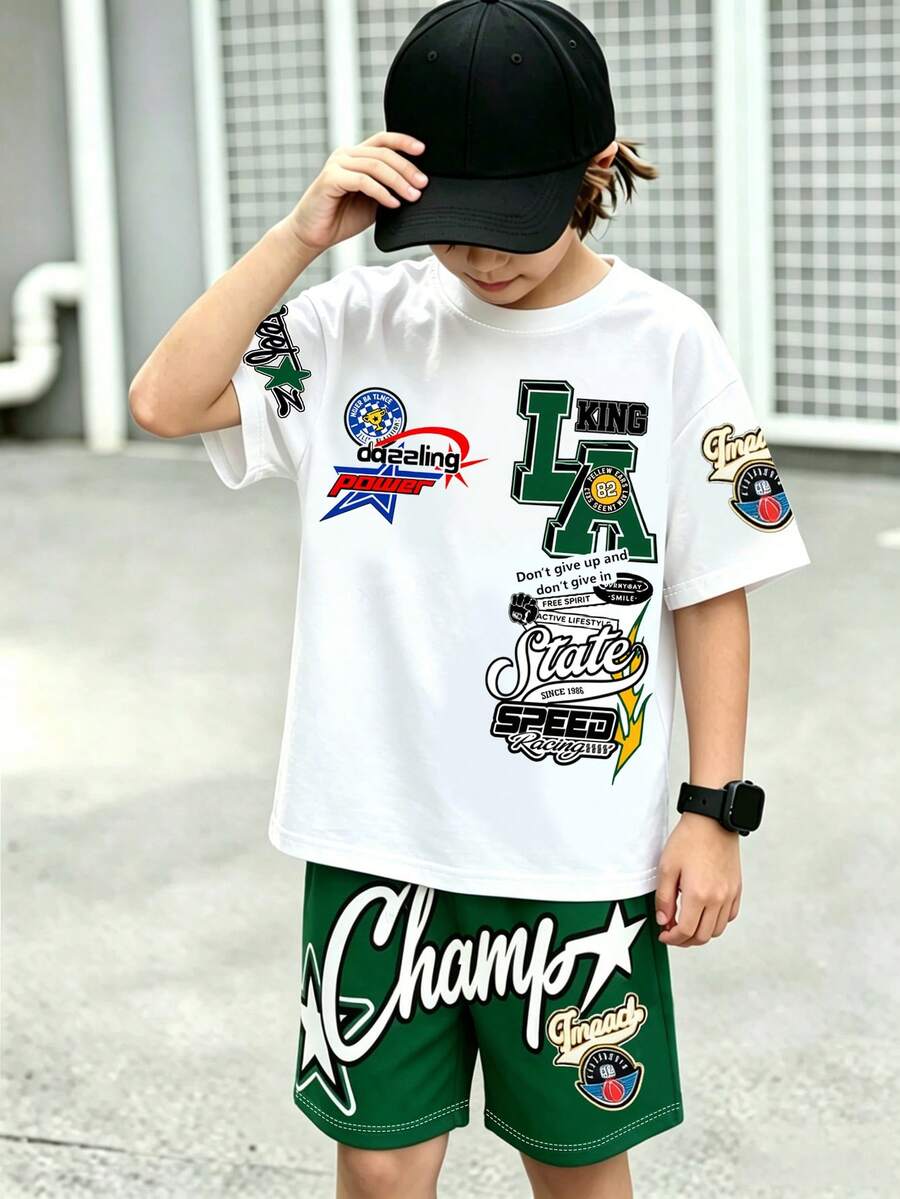 2件組青少年男孩美式街頭風套裝,白色夏季圖案字母印花刺繡寬鬆T恤與休閒短褲,運動城市度假酷感穿搭 - 彩色 - 查看 1