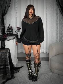 Whyspr Fashionable V-Neck Mesh Patchwork Loose Fit Versatile Long Sleeve Pullover Sweatshirt For Women Halloween - Black - View 5