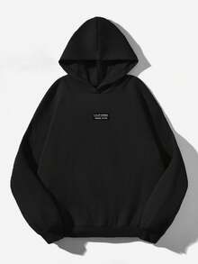 SHEIN EZwear 黑色休閒極簡印花連帽長袖寬鬆女款厚實衛衣，浪漫復古胸前編織標籤印花圖案，女式正裝通勤夏季穿搭 - 黑色 - 查看 3