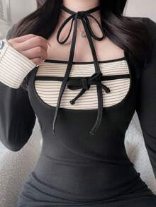 FRIFUL 女款拼接條紋前綁帶長袖修身迷你洋裝 - 黑色 - 查看 5