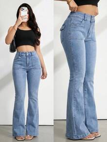 SHEIN Tall 高個女款休閒水洗修身喇叭牛仔褲 秋季教師長褲 - 淺色水洗藍 - 查看 3