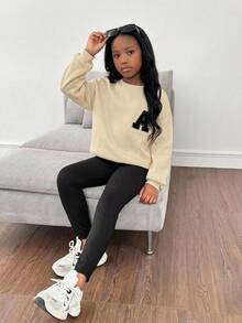 SHEIN Leap Crew Tween Girls Loose Casual Letter Patch Dropped Shoulder Round Neck Hoodie And Slim Fit Pants Set - Apricot - View 6