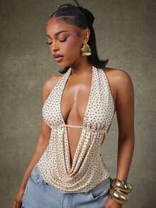 Denimoi Rhinestone Embellished Cowl Neck Halter Top Sexy Tops Open Back Tops GNO Date Night Clubwear, Going Out, Date Night - Apricot - View 4