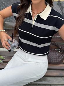 Serisse Casual Commute Colorblock Striped Knit Top - Black - View 6
