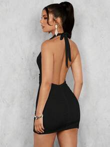 Glamine Vestido sin espalda de un solo color con drapeado sin mangas - Negro - Ver 2