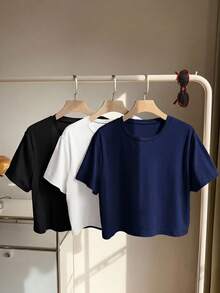 Comfortcana 3 piezas Camisetas básicas de cuello redondo de manga corta de colores para tallas grandes - Multicolor - Ver 7