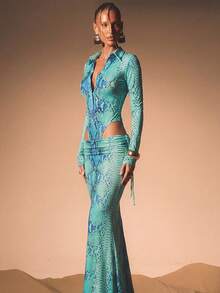 KIZN Snake Print Mesh Bodysuit Deep V Neck Long Sleeve Cutout Side Design Fitted Clubwear Party Festival Outfit - Blue - View 2