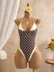 SHEIN Swim 春夏性感復古波點連身女款泳衣，2合1綁帶露背度假泳裝，性感辣妹波點掛脖海灘泳衣，夏季度假海灘溫泉百搭泳裝，蝴蝶結連身女款泳衣 - 棕色 - 查看 5