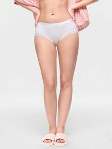 Bonmuse 1pc Women Lace Trim Bow Decor Solid Color Panty - White - View 7