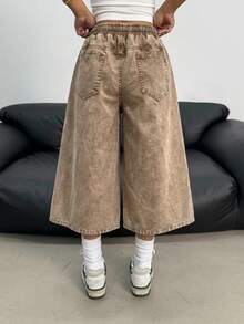 SHEIN 青少年女孩抽繩腰寬腿寬鬆休閒九分牛仔褲 - 棕色 - 查看 2