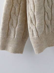 Linhara Plus Size V-Neck Cable Knit Long Sleeve Pullover Sweater And Pants Casual Set - Apricot - View 10