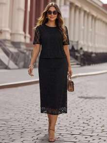 Miaspire Plus Size Women's Summer Elegant Casual Lace Blouse And Skirt 2-Piece Set, Black - Black - View 10