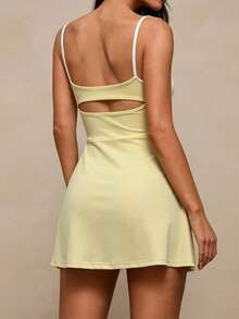 SHEIN Glamour Women's Sleeveless U-Neck Sports Running Suit, Tight Fitting Short Dress, Backless Cut, Breathable G - Yellow - View 4