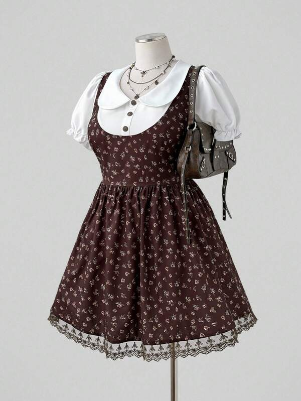Sunspun Plus Size Gentle Pastoral Vintage Ditsy Floral Double Layer Peter Pan Collar Sleeveless Tank Dress With 3D Bow Decor, Buttons, Delicate Lace Trim, High Waist Slim Fit A-Line Mini Dress, Fresh Girly Style Lightweight Bow Button Lace Trim High Waist Short Dress