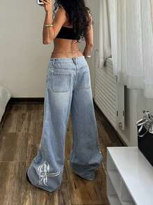 StreetHx Celana Jeans Ukuran Besar Kasual Model Washed Pinggang Rendah Kaki Lebar - Biru - View 2