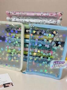 A5 Large Capacity Glitter Heart Zipper Binder, Portable Sticker Refill Notebook Set, Includes PP Transparent Refill Pages, A5 Transparent Refill Inserts, File Folder, Stamp Album, Sticker Album, Photo Album, Nail Art Album, Savings Planner - A5 Flashing Heart - View 1