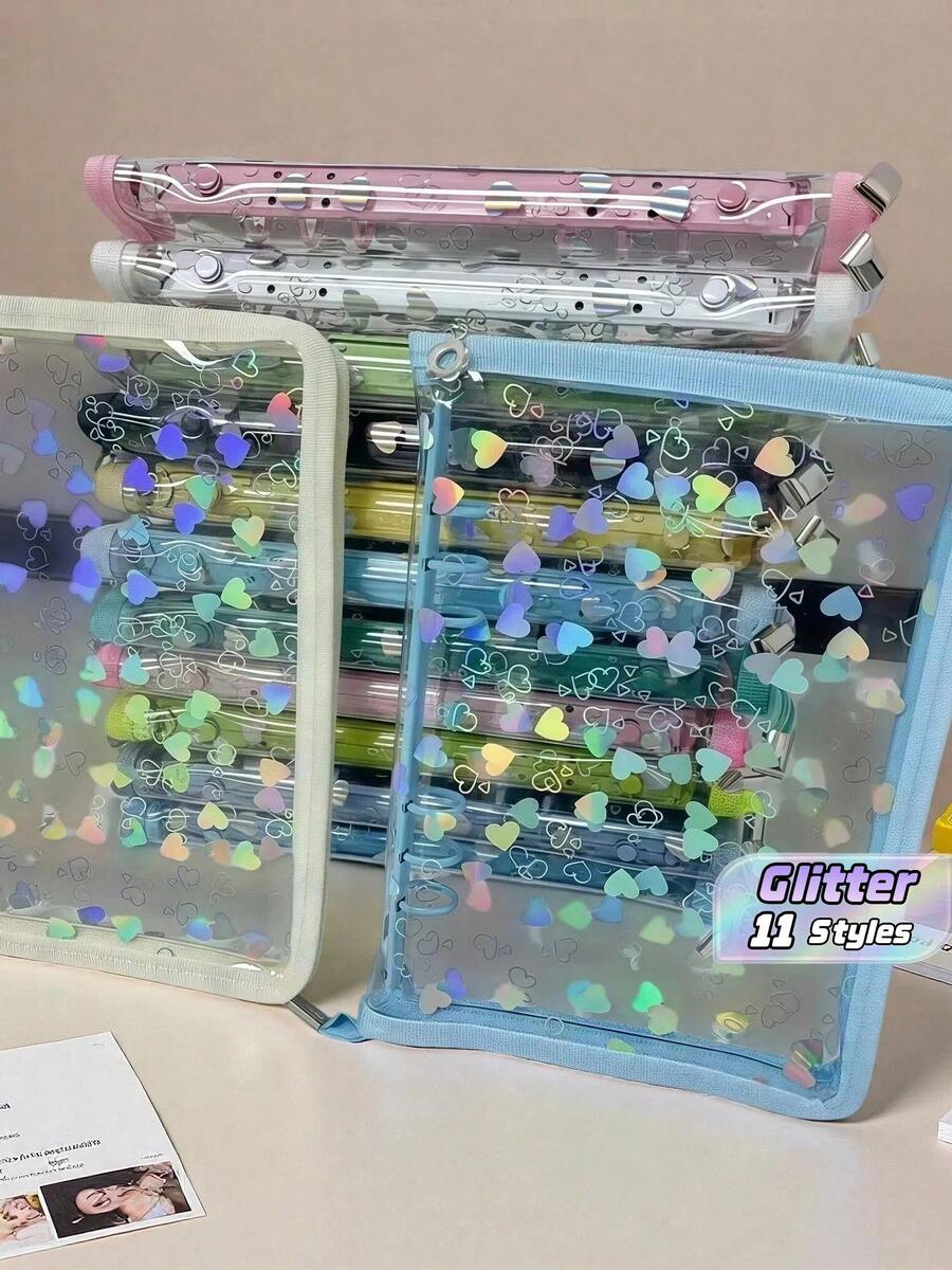 A5 Large Capacity Glitter Heart Zipper Binder, Portable Sticker Refill Notebook Set, Includes PP Transparent Refill Pages, A5 Transparent Refill Inserts, File Folder, Stamp Album, Sticker Album, Photo Album, Nail Art Album, Savings Planner - A5 Flashing Heart - View 1