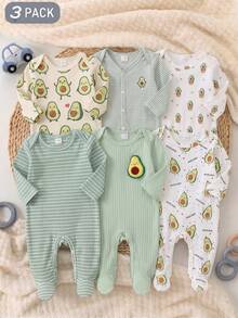 SHEIN 3pcs/Set All Season Green Series Cute Avocado Newborn Long Sleeve Footed Jumpsuits, Comfortable Soft Home Wear, Best Gift For Newborns - Green - View 3