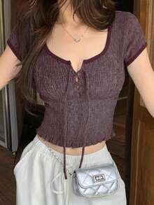 DAZY Kaos Wanita Lengan Pendek Slim Fit Serbaguna Kasual dengan Desain Colorblock - Coffee Brown - View 1