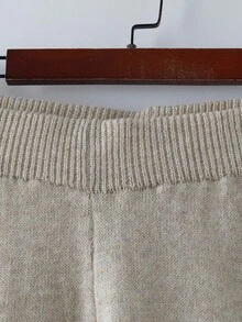 Linhara Plus Size V-Neck Cable Knit Long Sleeve Pullover Sweater And Pants Casual Set - Apricot - View 6