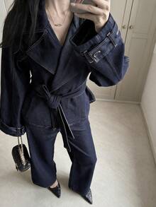DAZY Setelan Denim Kasual Musim Gugur: Mantel Trench Pendek Wanita dan Celana Panjang Lurus - Dark Wash - View 6