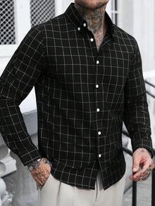 Manfinity Homme 男士藍色格紋商務長袖襯衫 - 黑色 - 查看 4