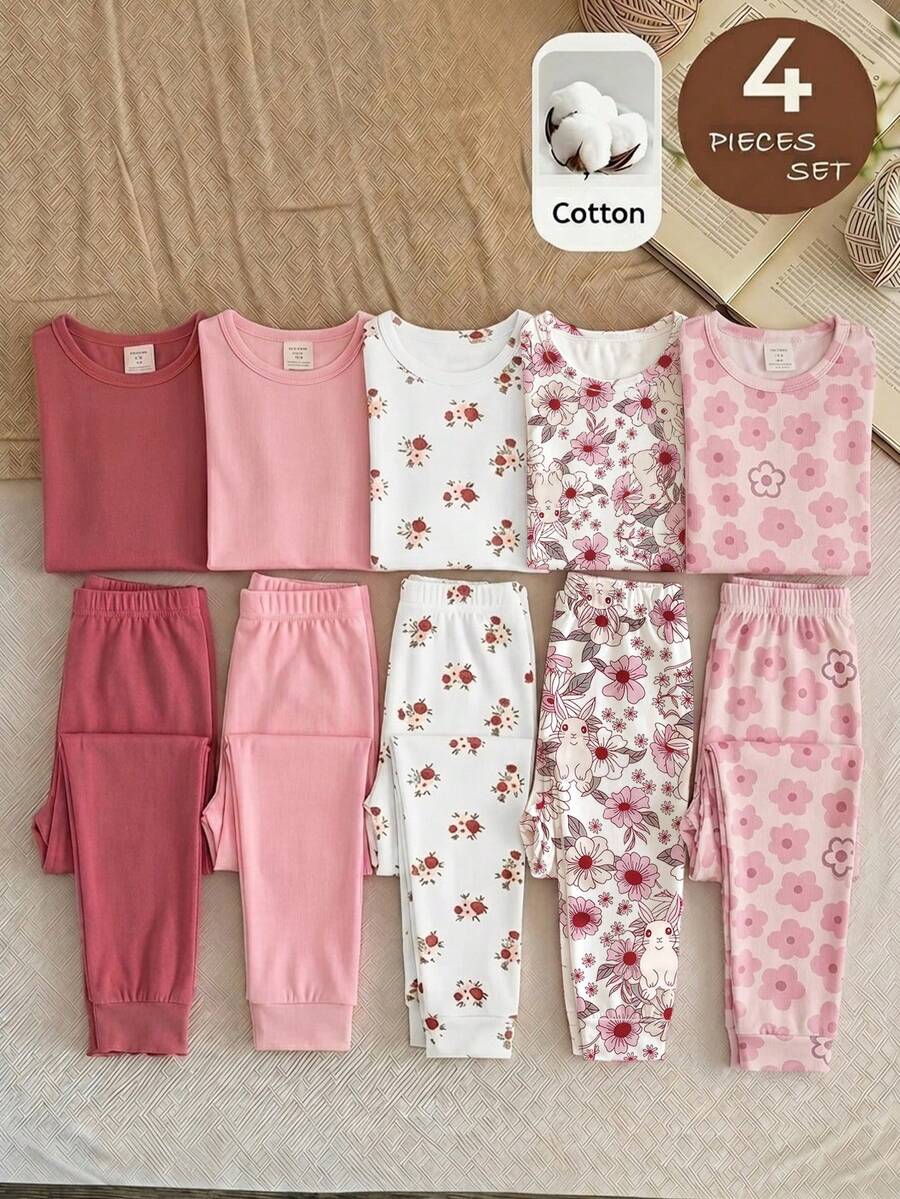 SHEIN LMoss Kids 4件套少女休闲简约修身圆领短袖上衣和裤子家居服套装,适合春夏穿着 - 彩色 - 查看 1
