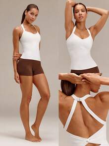 GLOWMODE FeatherFit™ Adjustable Halter Backless Twist Back Tank Top Low Impact Yoga Pilates Daily Removable Cups - White - View 7