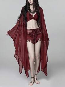 ROMWE Goth 春夏度假海灘風深色哥德風透視蝙蝠袖上衣 - 酒紅色 - 查看 7
