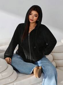 Solflare Plus Size Women Solid Color Long Sleeve Zipper Front Drawstring Hooded Sweatshirt - Black - View 5