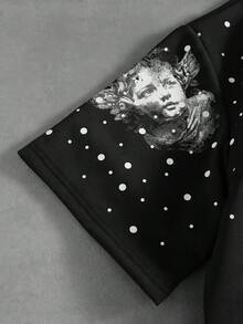 ROMWE MEN 男士字母天使印花短袖單排扣寬鬆版型 Polo 衫 - 黑色 - 查看 6