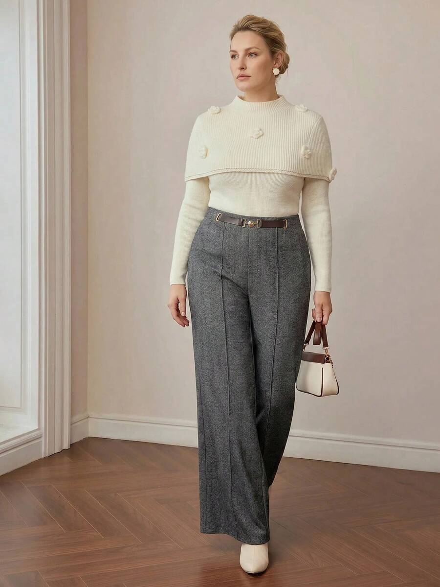 MOTF PREMIUM PLUS SIZE WOMEN'S WOOL HERRINGBONE ELEGANT AUTUMN/WINTER COMMUTE SUIT PANTS - Grey - View 2