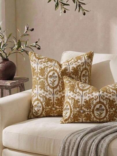Cirelle 1 pieza/2 piezas Fundas de cojín decorativas vintage, funda de cojín con medallón floral de damasco dorado clásico antiguo, funda de cojín de jacquard tejida para sofá y sillón (sin relleno)