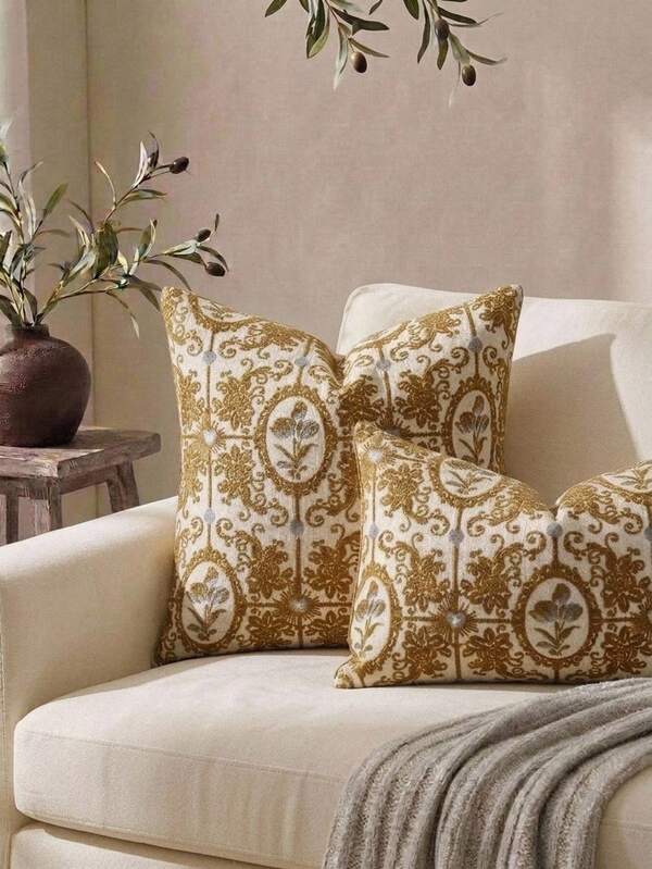 Cirelle 1 cái/2 cái vỏ gối trang trí phong cách vintage, họa tiết hoa damask huy hiệu cổ điển màu vàng đồng, vỏ gối dệt jacquard cho sofa ghế dài (không kèm ruột gối)