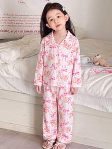 2件組女童幼兒舒適柔軟布料開襟翻領鈕扣式泰迪熊蝴蝶結格紋滿版印花長袖長褲睡衣套裝 - 淺粉色 - 查看 4
