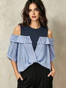 Franclia Women's Striped Cold Shoulder 2 In 1 T-Shirt, Summer - Multicolor - View 1