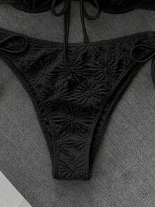Swim Mod 女款休閒度假海灘派對優雅細肩帶特殊布料純色黃色比基尼兩件式泳衣 夏季新款 - 黑色 - 查看 4