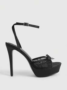 CUCCOO LuxiPop Ladies Black Satin Satin Bow Design Lace Stitching High Heel Platform High Heel Sandals - Black - View 1