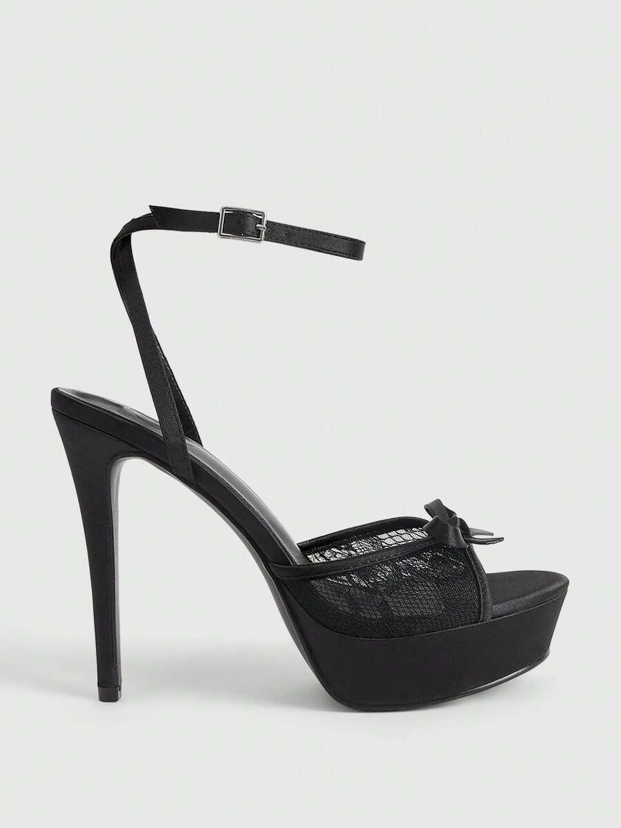 CUCCOO LuxiPop Ladies Black Satin Satin Bow Design Lace Stitching High Heel Platform High Heel Sandals - Black - View 1