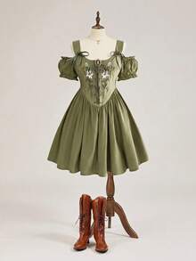 ROMWE Fairycore Vintage Floral Embroidery Mori Style Cottagecore Patchwork 2 In 1 Plus Size Dress - Green - View 1