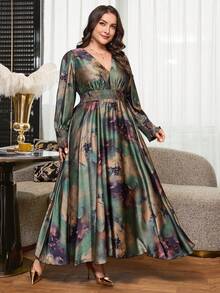 SHEIN Clasi Plus Size Floral Print Shirred Waist Shirred Vacation Dress - Green - View 4