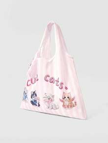 ROMWE Goth Cute Cat Pink And White Striped Bow Shoulder Bag Handbag Portable Shopping Bag - Pink White - View 5