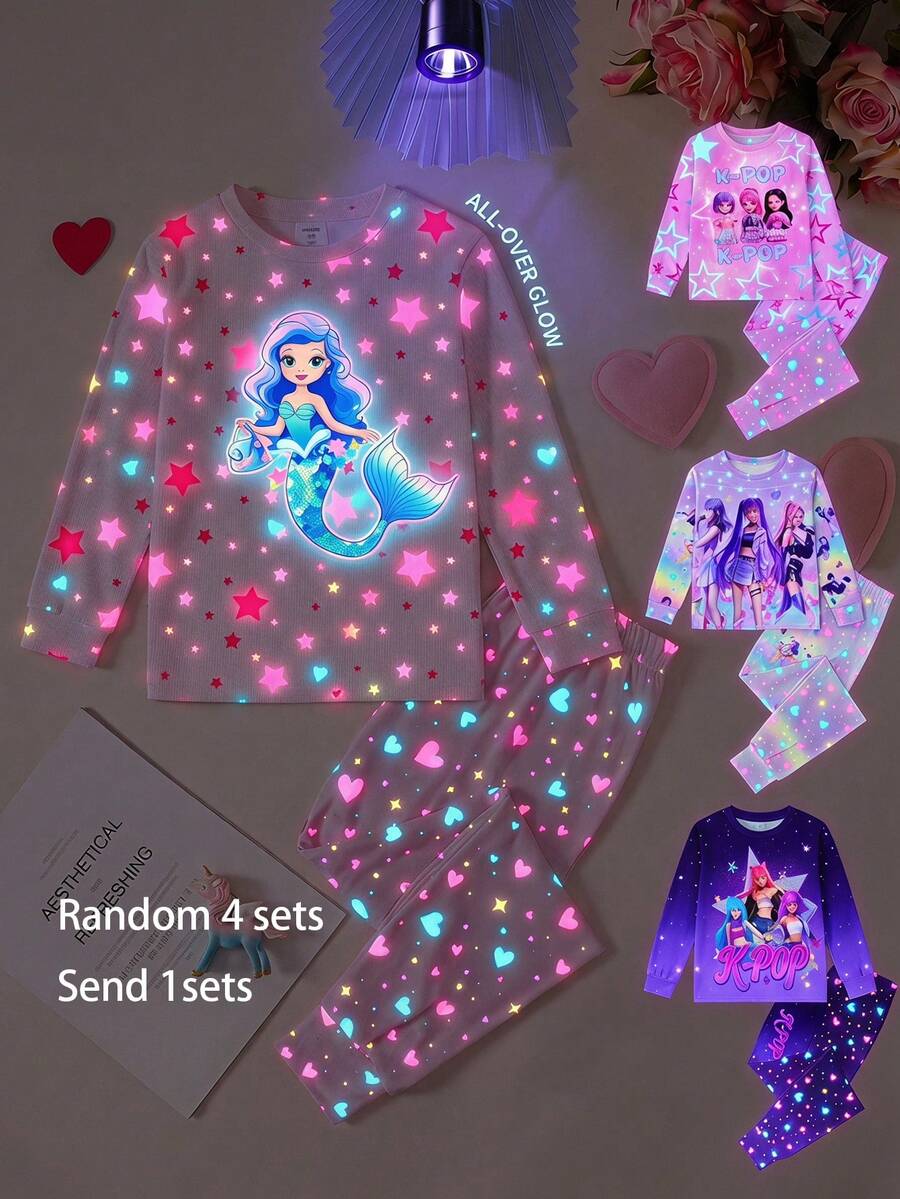 SHEIN 女童夢幻美人魚星光圖案印花 UV 光感螢光發光 甜美可愛風 針織彈性布料 舒適柔軟圓領短袖長褲緊身睡衣套裝 2件組 - 粉色 - 查看 1