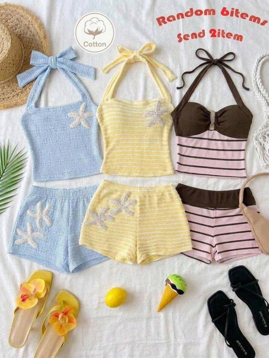 SHEIN Tween女孩時尚休閒度假條紋拼接掛脖上衣套裝,海灘假期穿搭 - 粉色 - 查看 1