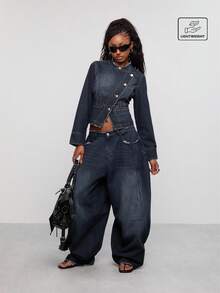 COUREZ Asymmetric Front Military Denim Jacket, Y2K Autumn Fall Going Out Festival Concert Lightweight Drummer Jacket , Fall Winter For Women - Dark Wash - View 1